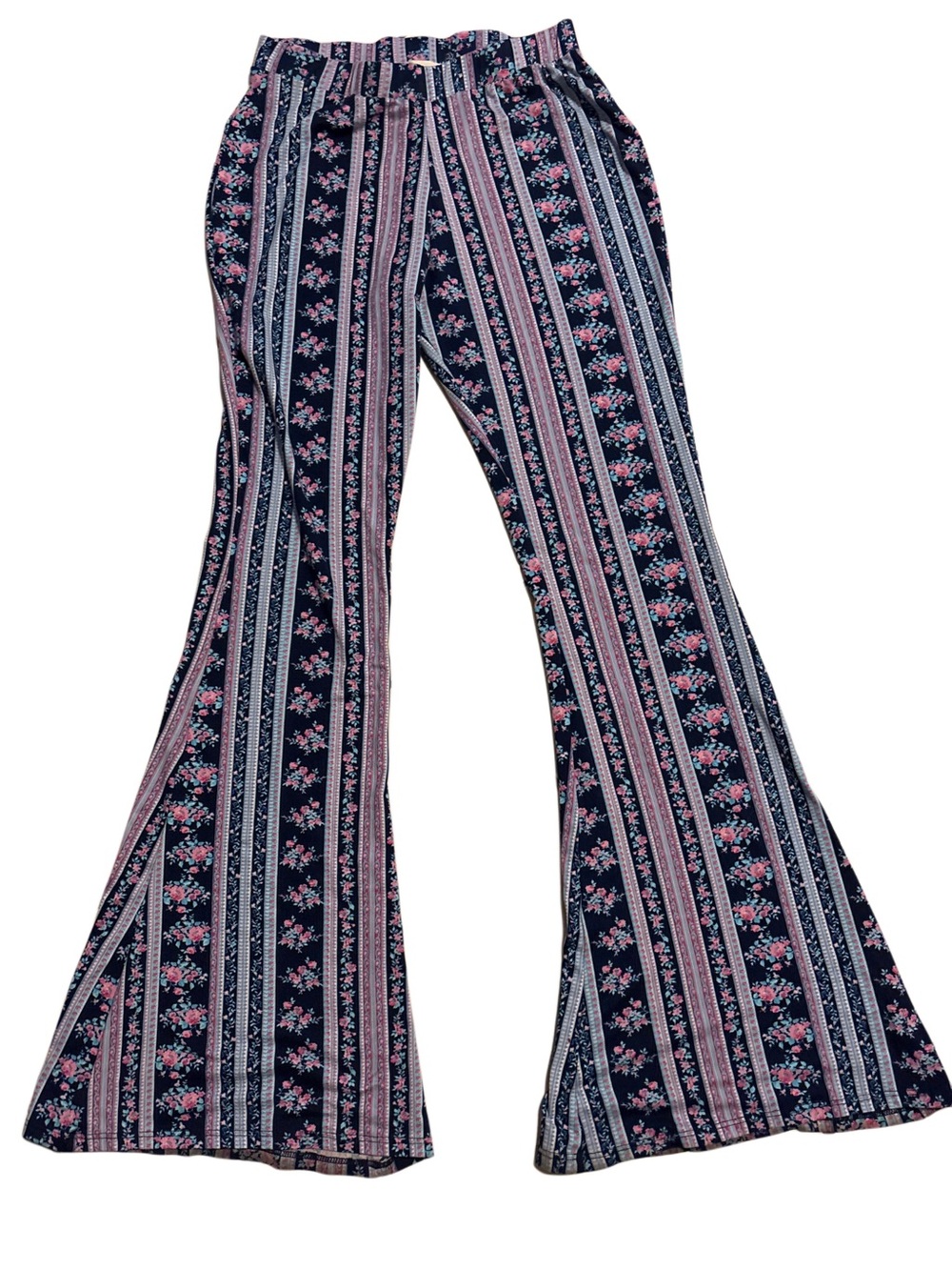 Altar'd State Navy & Pink Floral Striped Flare Pants